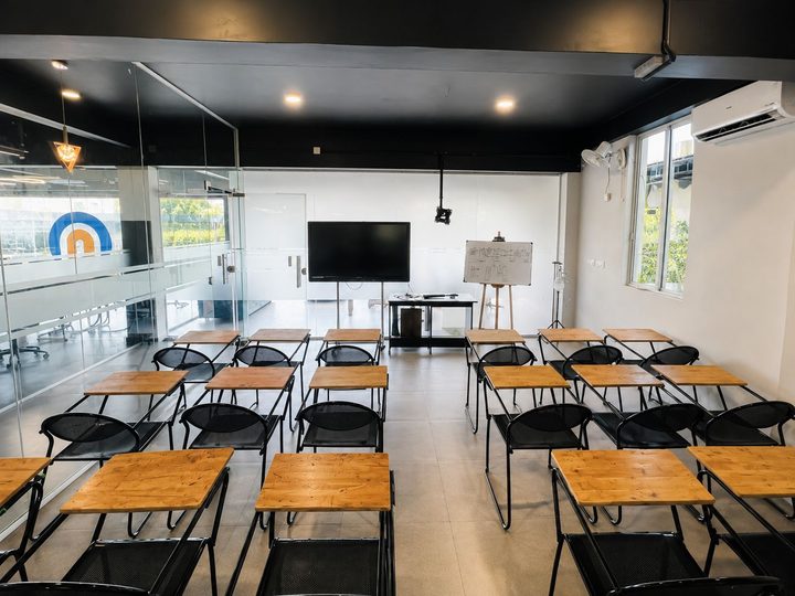The classroom set up for a session