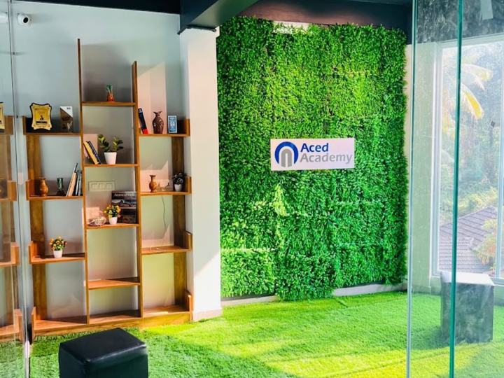 The reception, with the Aced Academy sign on the green wall